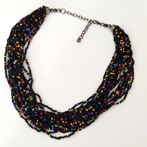 Multi strand black seed bead necklace with bright bead accents - Picture 10 of 13